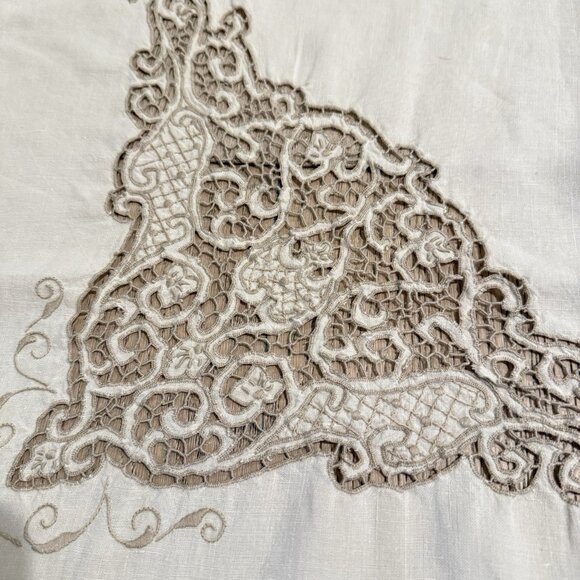 Battenburg Lace Tablecloth and 8 Napkins Linen Off White Beige Trim Vintage - Picture 12 of 16